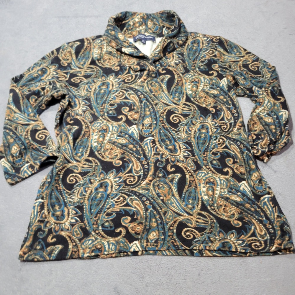 Jones New York Top Womens L Black Paisley Shawl Collar Long Sleeve Knit Pullover